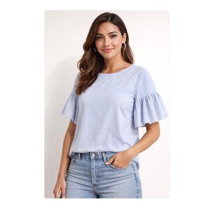 Vineyard Vines Shirt Womens Medium Blue Stripe Flutter Sleeve Made In Italy